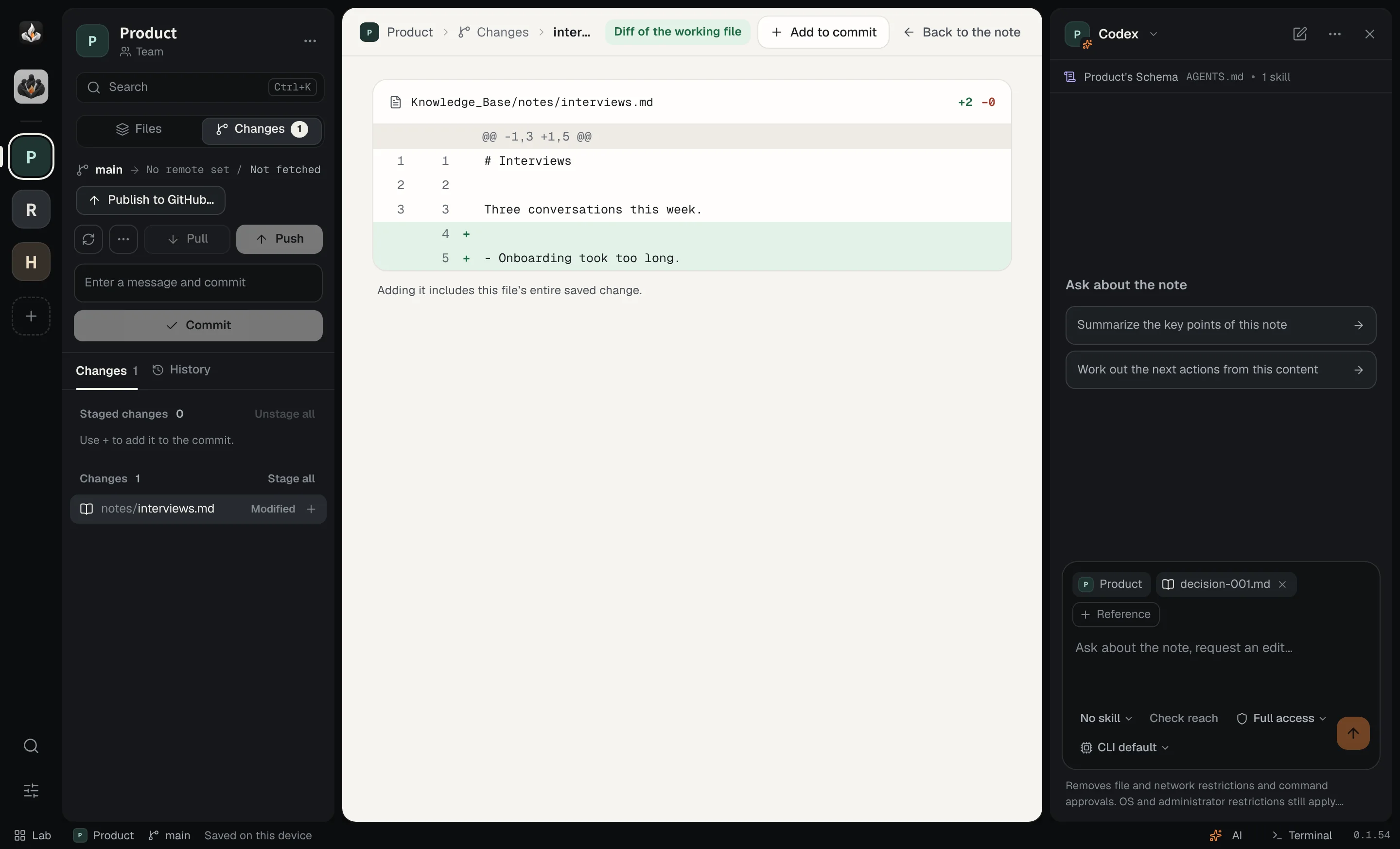 The Changes tab in irori showing a diff of a note.